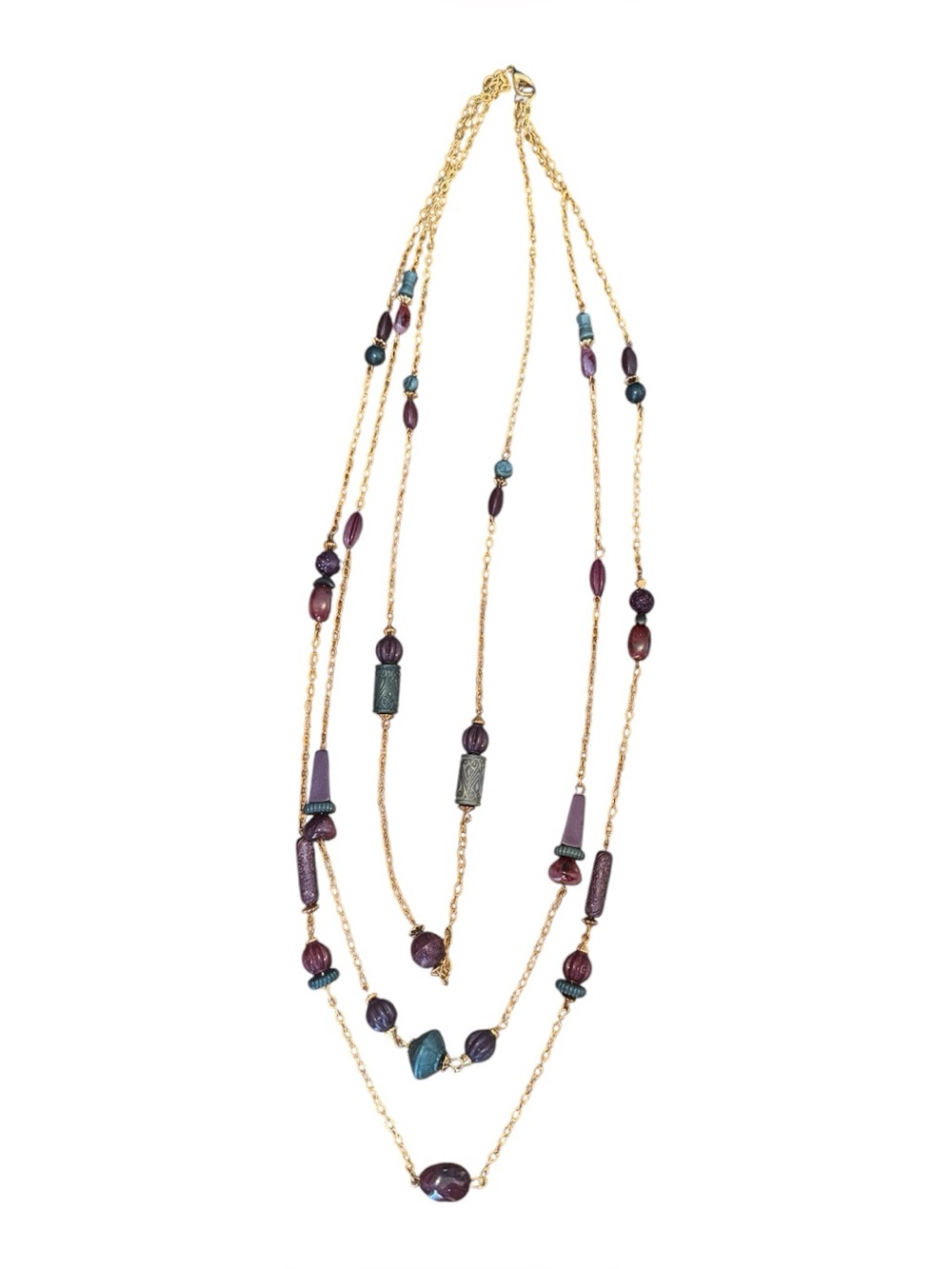 Vintage Boho Layered Necklace Gold Tone BeadsPurple Teal Multistrand Statement